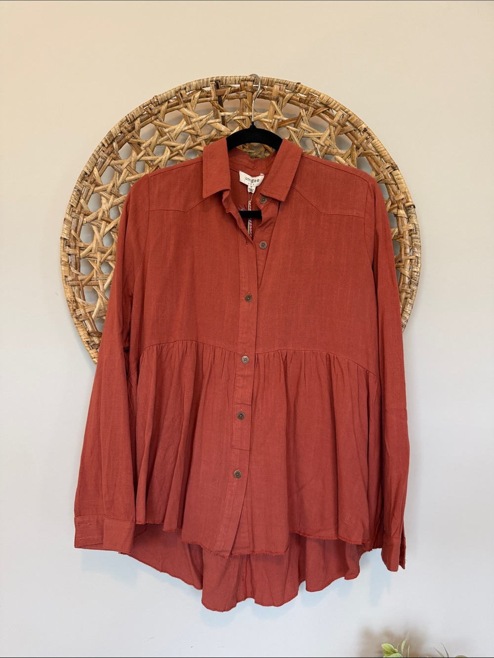 Umgee Terracotta Button-Front Peplum Shirt